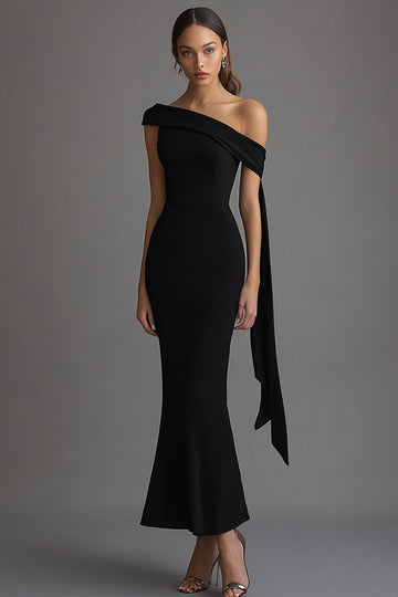 Chic Mermaid One Shoulder Tea Length Black Tie Dress with Sash